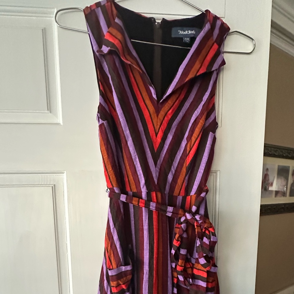 Modcloth Linen Blend Size XXS Retro Striped Midi Dress Sleeveless Purple Orange